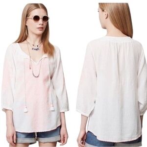 ANTHRO MAEVE BEACHY BOHO WHITE PINK NEON STITCHED GAUZY PEASANT BEADED TOP 4